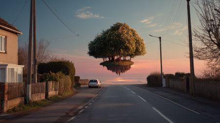A surreal landscape showcasing a floating island of trees above a quiet road at sunset, reflecting calm waters and offering a peaceful escape into nature.の素材