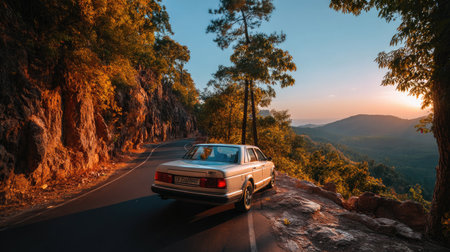 Experience a tranquil moment of a vintage car parked along a winding mountain road, surrounded by vibrant nature at sunset, inviting adventure and exploration.の素材
