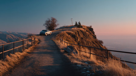 A captivating viewpoint with a classic car perched on a cliff edge at sunrise, offering breathtaking views of the valley below, surrounded by nature's beauty.の素材