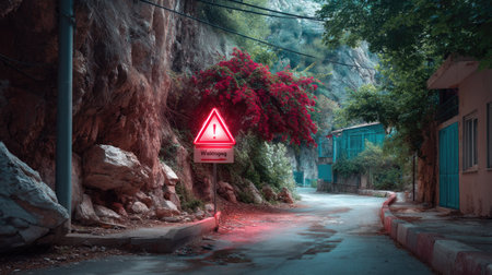 A captivating scene featuring a vibrant warning sign surrounded by lush bougainvillea, rocky terrain, and a quiet road, evoking a sense of adventure.の素材