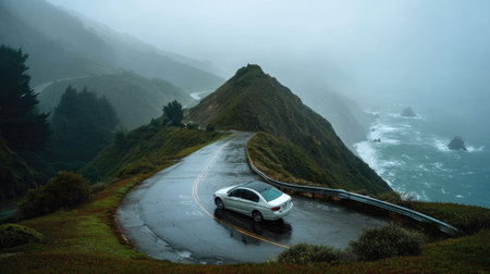 A car parked along a winding coastal road, surrounded by lush mountains and a misty ocean view, capturing the essence of adventure and tranquility.の素材