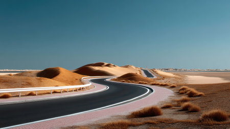 This image captures a winding road through a serene desert landscape with rolling sand dunes under a brilliant blue sky, evoking a sense of adventure.の素材