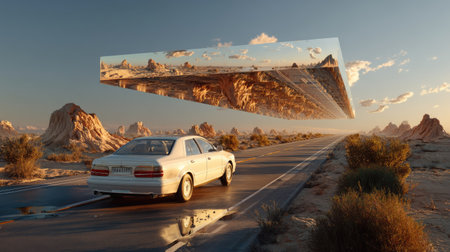 This striking image depicts a vehicle driving along a deserted road under a surreal sky, featuring a floating mirrored landscape above the horizon.の素材