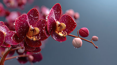 A stunning close-up image of vibrant purple orchid flowers adorned with water droplets, creating a fresh and elegant atmosphere against a soft blue background.の素材