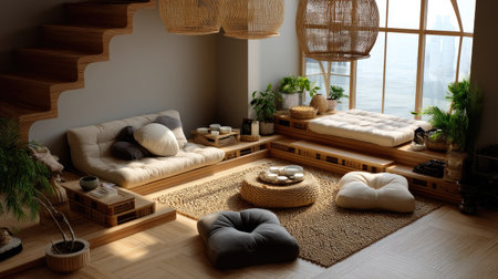 A serene living room filled with natural light, featuring wooden furniture, soft textiles, and indoor plants, creating a cozy and inviting atmosphere perfect for relaxation and comfort.の素材