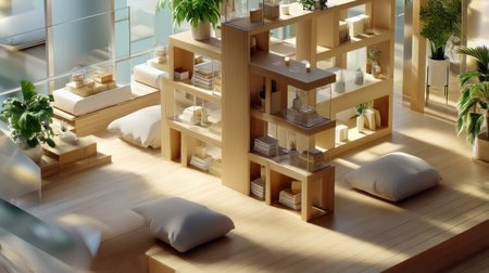 A serene and inviting interior space featuring modern wooden shelving, soft cushions, and abundant natural light, ideal for relaxation and creativity.の素材