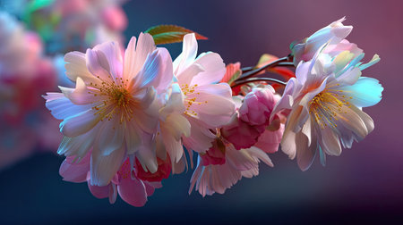 A stunning close-up of delicate pink blossoms featuring soft lighting, set against an ethereal background, creating an enchanting and serene atmosphere.の素材