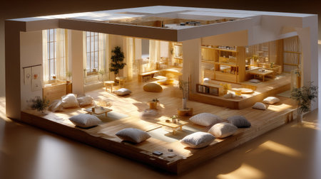 This image showcases a contemporary minimalistic interior design featuring an open living space filled with natural light, cozy seating areas, and a serene ambiance. Perfect for inspiring modern decor ideas.の素材