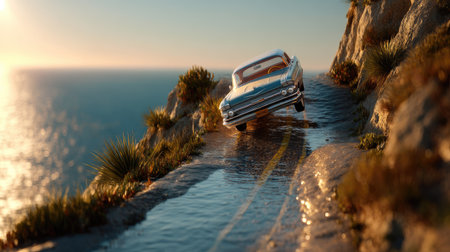 A vintage car gracefully maneuvers along a winding coastal road, surrounded by serene waters and a stunning sunset, evoking feelings of adventure.の素材