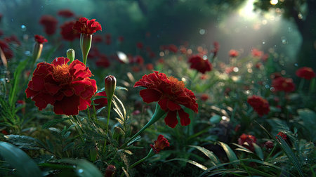 A stunning close-up of vibrant red marigold flowers thriving in a serene forest. Sunlight breaks through the foliage, creating an enchanting backdrop.の素材