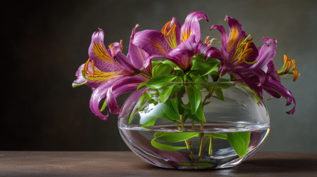 A stunning display of purple lilies in a clear glass bowl filled with water, creating a tranquil atmosphere perfect for home dの素材