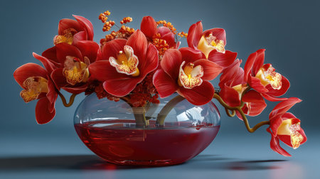 A beautiful arrangement of red orchids in a transparent glass vase, showcasing their vibrant colors and intricate details, perfect for home decoration.の素材