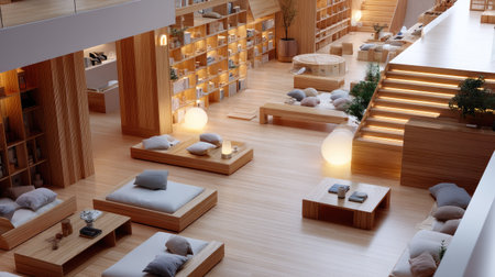 A serene and inviting reading space featuring minimalist design with soft cushions, warm lighting, and wooden furnishings, perfect for relaxation.の素材