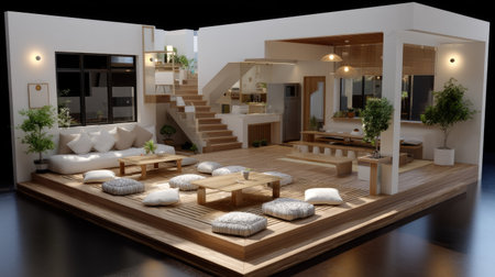 This image portrays a modern interior space that combines minimalist design principles with warm wood accents, creating an inviting atmosphere filled with natural light.の素材