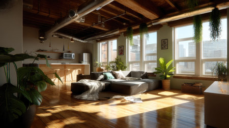 Bright and stylish loft interior showcasing modern furniture, natural lighting, and lush plants. A perfect urban living space for relaxation and comfort.の素材