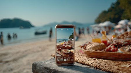 A smartphone rests on a stone, showcasing vibrant food amidst a picturesque beach scene. Sunlight sparkles over clear water, enhancing vacation vibes.の素材