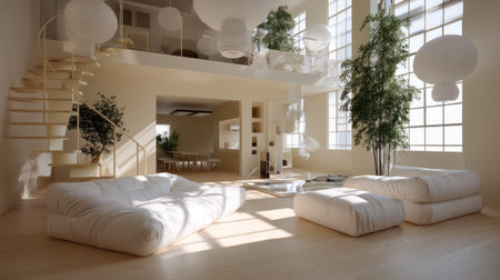 A spacious and bright modern living room featuring minimalist design, natural light streaming through large windows, and cozy seating arrangements with cushions, creating an inviting atmosphere.の素材