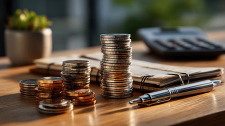 A collection of various stacks of coins positioned on a wooden table alongside a calculator and an open notebook, highlighting financial planning.の素材