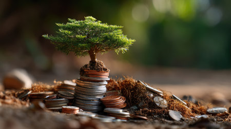 A tiny tree emerges from stacked coins, capturing the essence of growth and prosperity. This creative image blends nature and finance, ideal for themes of investment and sustainable living.の素材