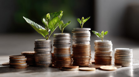 This image illustrates the concept of financial growth through stacks of coins with green leaves emerging from them, symbolizing the merging of nature and economy.の素材