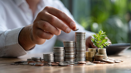 A close-up view of a hand stacking coins in a rising formation, symbolizing financial growth, with a green plant representing investment potential.の素材