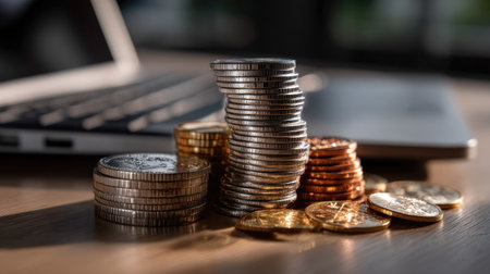 A close-up view of stacked coins next to a laptop on a wooden table, capturing the essence of finance, investments, and modern business strategies.の素材