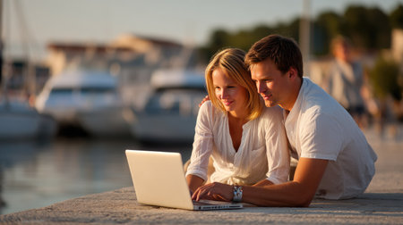 A young couple shares a delightful moment by the water, engrossed in their laptop while enjoying the beautiful sunset and nearby boats.の素材