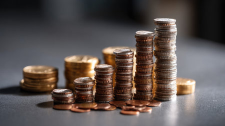 A visually striking arrangement of stacked coins reflects financial growth and stability. The soft background adds depth to this money-themed composition.の素材