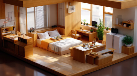 Explore a serene and stylish wooden room featuring a cozy bed, an inviting workspace, and abundant natural light. Perfect for relaxation or productivity.の素材