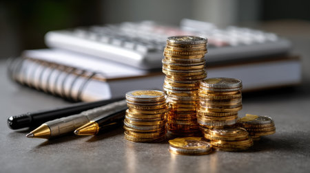 A closeup of neatly stacked golden coins on a table, complemented by a calculator, pens, and notebooks, reflecting themes of finance and wealth management.の素材