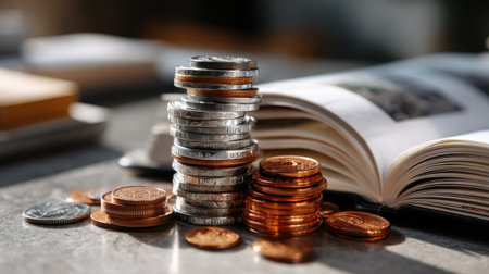 A collection of various coins stacked neatly beside an open book, bathed in soft natural light. This image captures the essence of finance, learning, and daily life, perfect for themes related to education and wealth management.の素材
