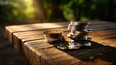 A serene image of stacks of coins on a rustic wooden table, illuminated by warm sunlight. Perfect for themes of finance, savings, and wealth in a natural setting.の素材