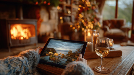 A warm and inviting living room scene featuring a person holding a tablet while sipping wine, surrounded by festive decorations and a crackling fireplace.の素材