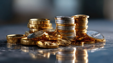 A detailed arrangement of gold and silver coins stacked on a reflective surface, creating a rich visual for financial themes, investment, and wealth concepts.の素材