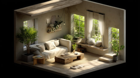 This image showcases a cozy indoor space filled with natural light, stylish furniture, and lush greenery, creating a serene retreat for relaxation.の素材