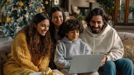 A heartwarming scene of a happy family gathered around a laptop, showcasing their love and connection, surrounded by holiday decorations in a cozy living room.の素材