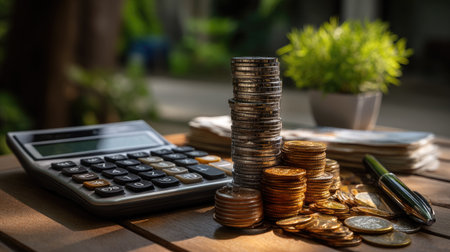A visually appealing arrangement featuring a calculator, stacks of coins, and a small plant on a wooden table, symbolizing financial planning and growth.の素材