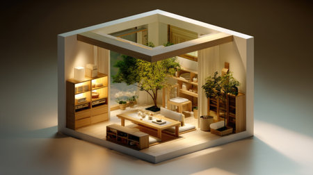 This image showcases a beautifully designed modern living room featuring natural elements and warm lighting, set in a stylish hexagonal design, perfect for inspiration.の素材