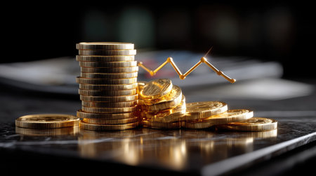 This image portrays a stack of shining golden coins alongside a financial graph, symbolizing economic growth and investment strategies in a dynamic market.の素材