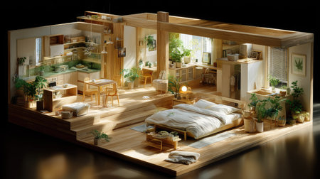 This image showcases a modern, cozy bedroom and living room filled with lush plants and warm natural light. The wooden decor adds a tranquil and inviting atmosphere, perfect for relaxation.の素材