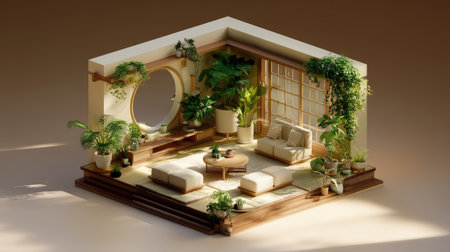 This stunning minimalist interior showcases a cozy living room filled with lush greenery, natural light, and modern decor. A perfect blend of comfort and style.の素材