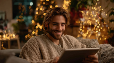 A smiling man enjoys using a tablet in a cozy indoor setting, surrounded by beautiful Christmas lights and festive decor, creating a warm and cheerful atmosphere.の素材