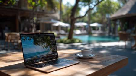 A tranquil scene featuring a laptop placed on a wooden table with a coffee cup, set against a beautiful poolside at a tropical resort. Ideal for representing leisure and work balance.の素材
