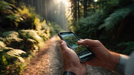 A close-up view of hands holding a smartphone while exploring a serene outdoor trail, surrounded by lush greenery and warm sunlight filtering through trees.の素材
