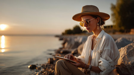 A stylish woman sits by the serene lake, enjoying her tablet as the sun sets. This image captures a peaceful moment filled with tranquility and relaxation.の素材