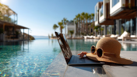 A serene scene capturing a laptop resting by a shimmering pool, with a stylish sunhat and sunglasses to suggest a luxurious vacation atmosphere.の素材