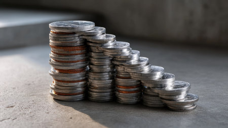 A close-up view of stacked coins arranged in a gradual formation on a textured concrete surface, illuminated by soft light, highlighting their individual details.の素材