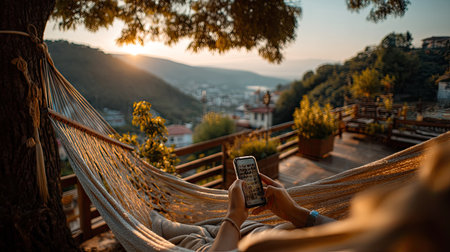 A serene moment captured in a hammock as the sun rises, illuminating the landscape and creating a perfect atmosphere for relaxation and connection.の素材