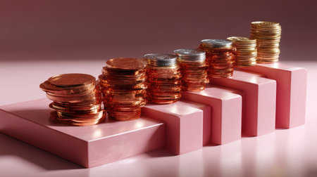 A visually striking arrangement of stacked gold and copper coins on a soft pink surface, symbolizing financial growth and investment strategies in business.の素材