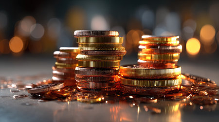 Close-up view of stacked coins with a blurred bokeh background. The warm lighting enhances the metallic shine, symbolizing finance and wealth. Perfect for financial themes.の素材